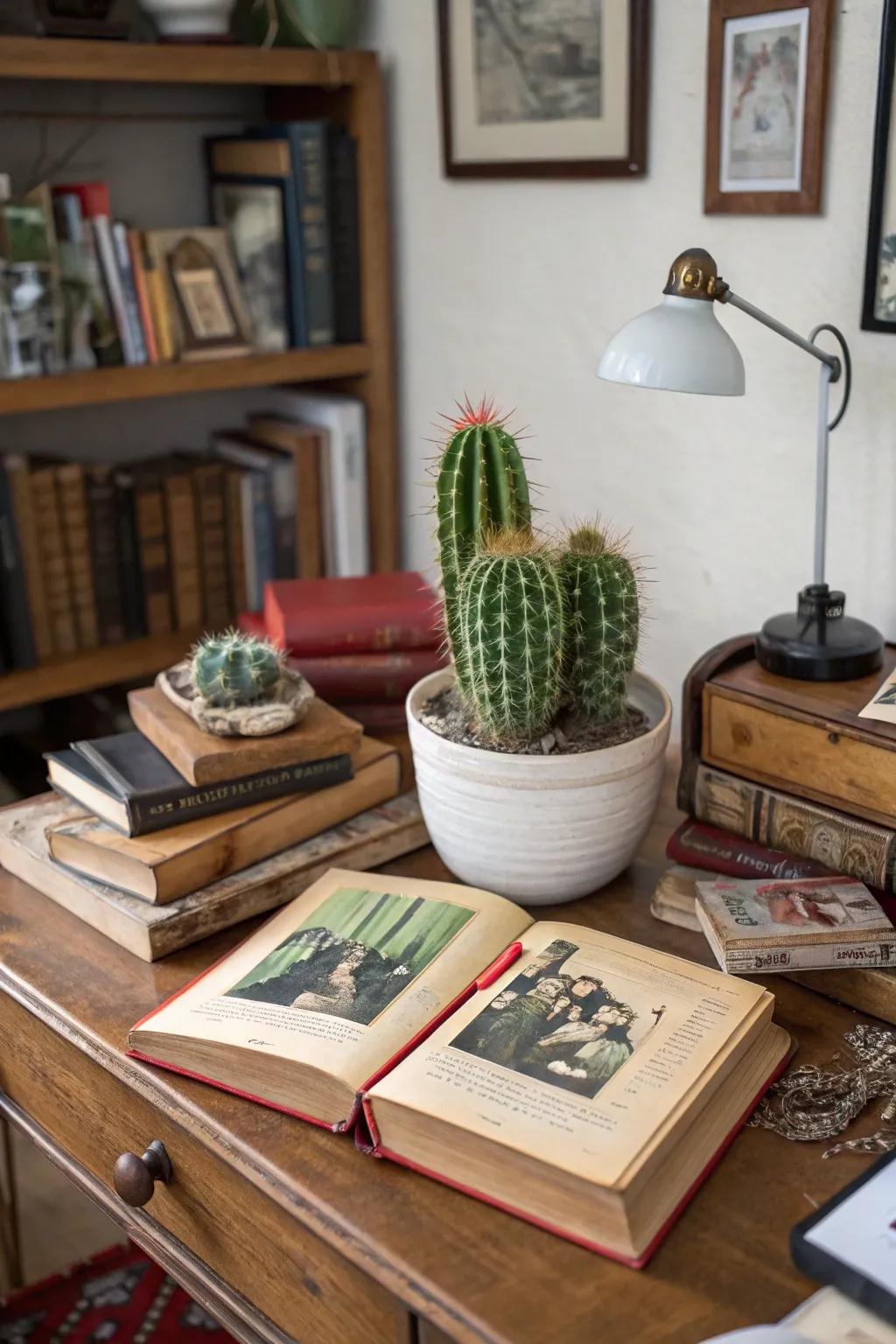 Reused books give a charming appearance when displaying cacti.