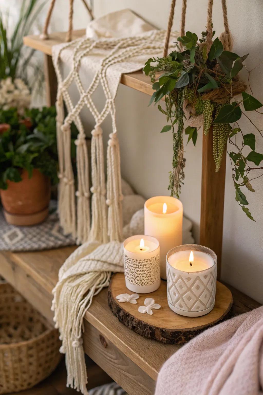 Macramé and candles combine to produce a bohemian stylish vibe.