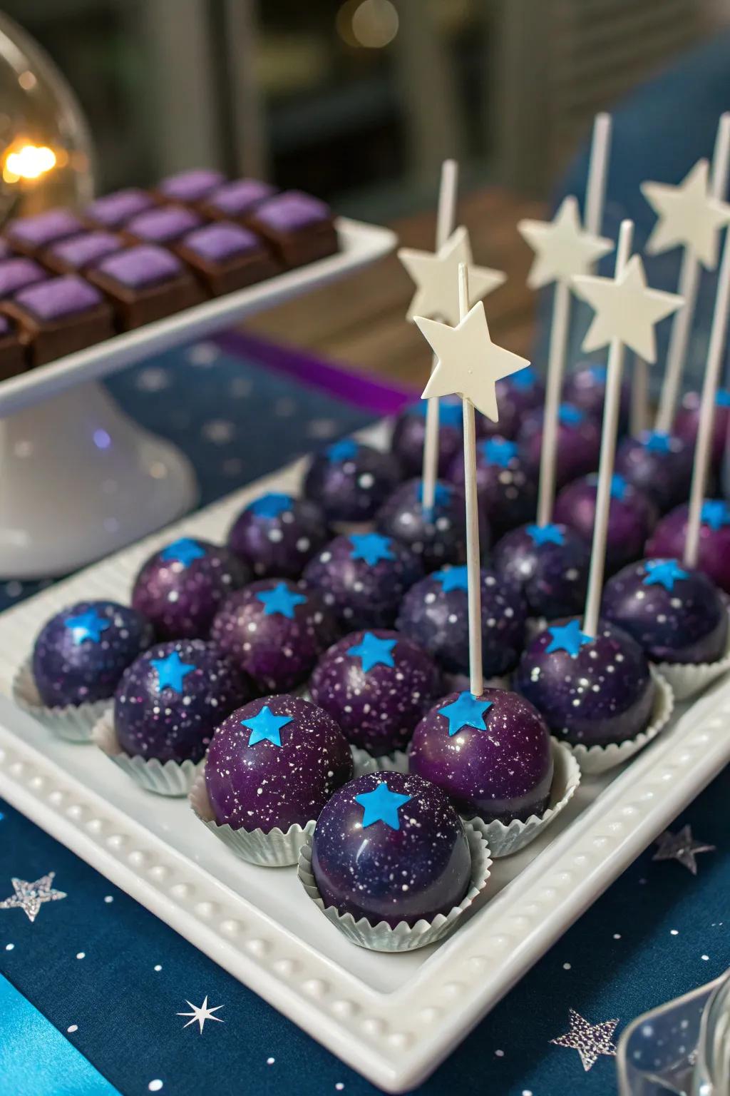 A galaxy-themed sweets display that takes you on a journey through the stars.