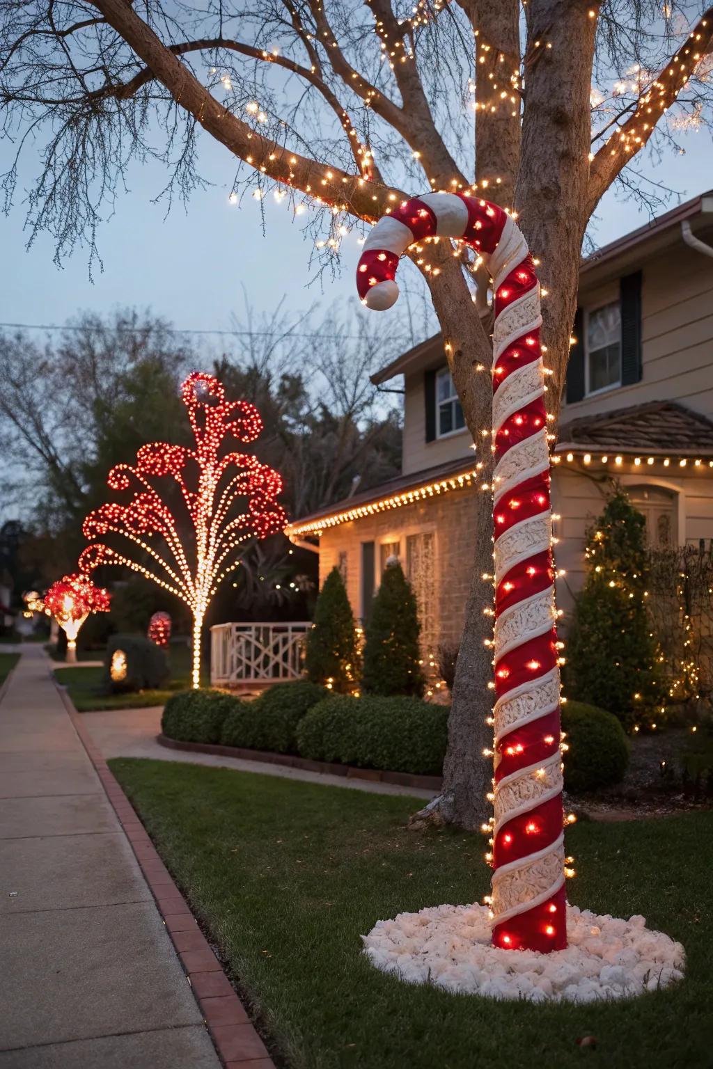 A community candy swirl tree disseminates holiday joy in the neighborhood.