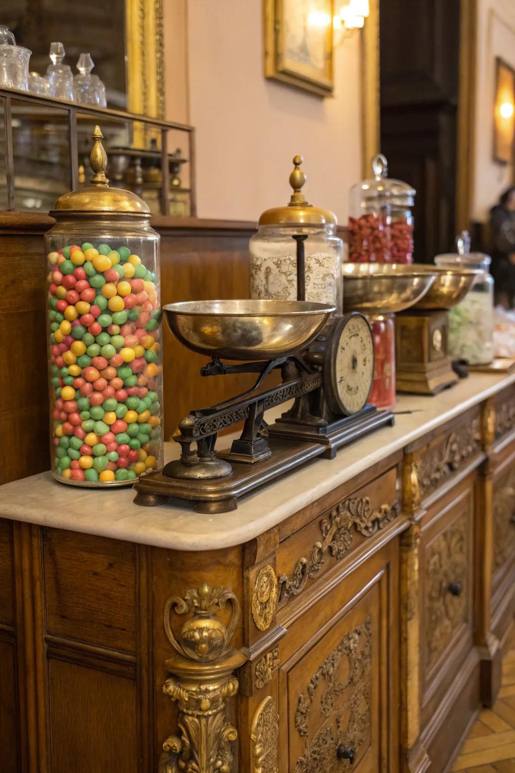 Vintage vibes with nostalgic elements in a candy display.