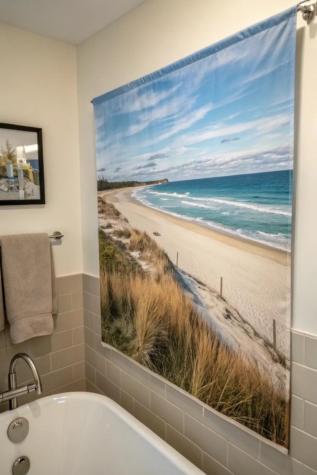 Shoreline board displayed in a tranquil bathroom