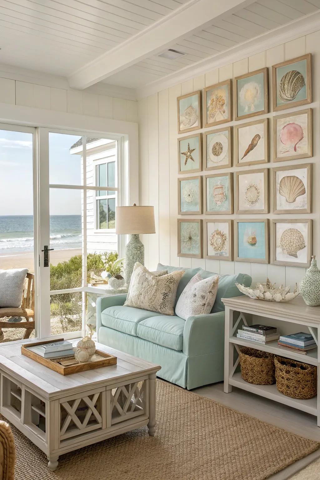 Seashell art fashions a relaxed and beachy atmosphere.