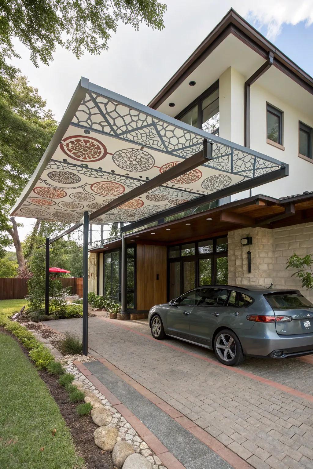 An artistic awning carport with creative shapes.