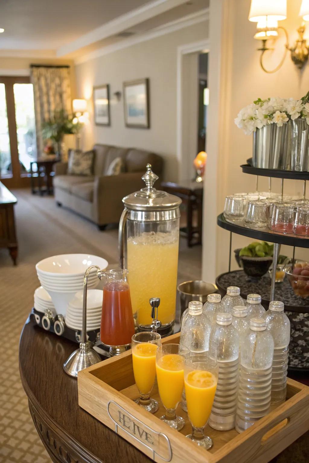 A dedicated beverage station keeps the main table organized.