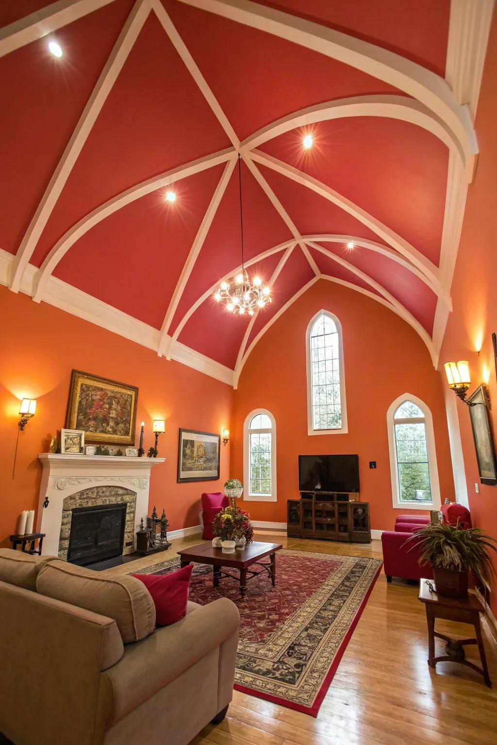 A striking ceiling color adds a surprising and unique touch.