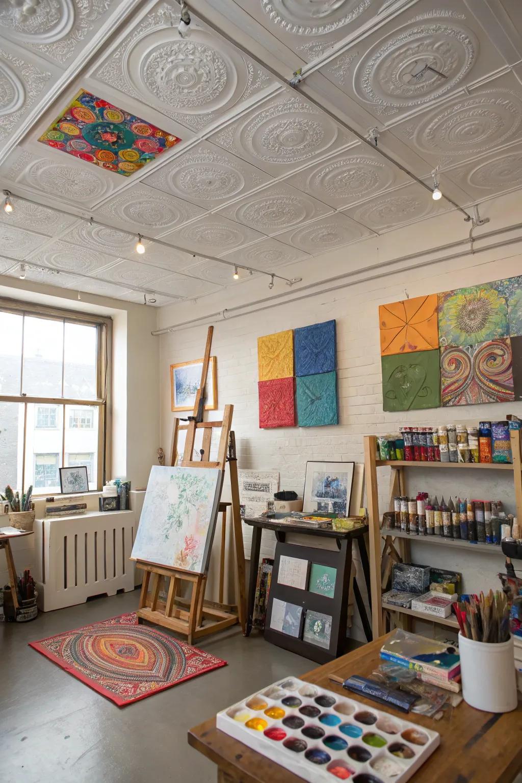 An artist's studio detailed with customizable ceiling shingles.