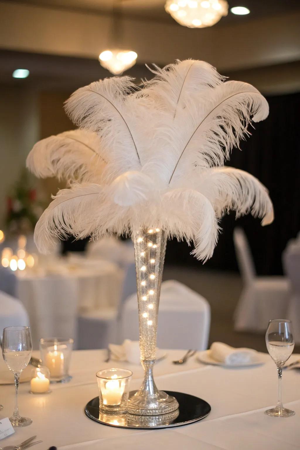 Chic centerpiece featuring fashionable plume embellishments.