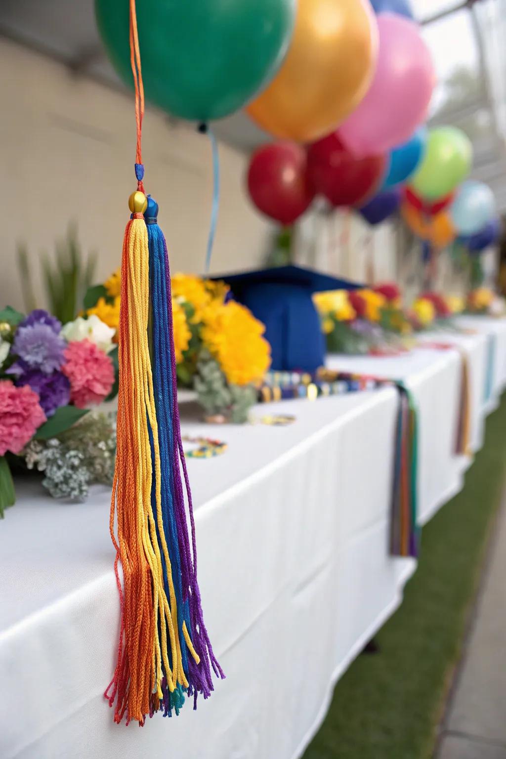 Graduation tassels contribute a festive flair to the table decor.