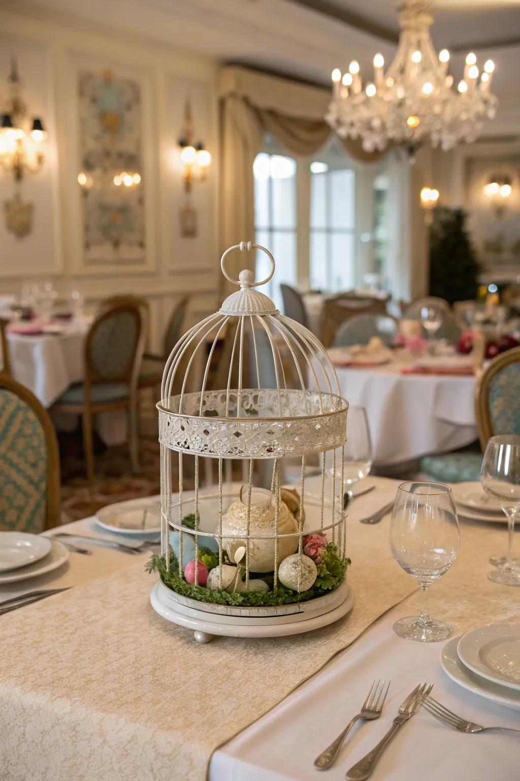 Aviaries offer a charming and whimsical centerpiece option.