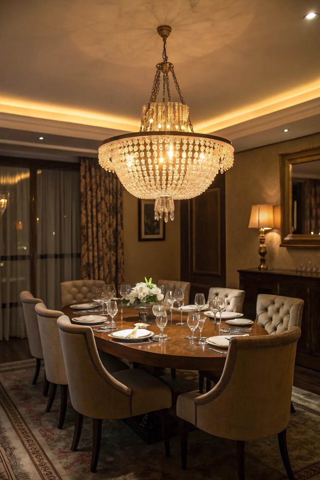 A compact chandelier fosters an intimate dining experience.