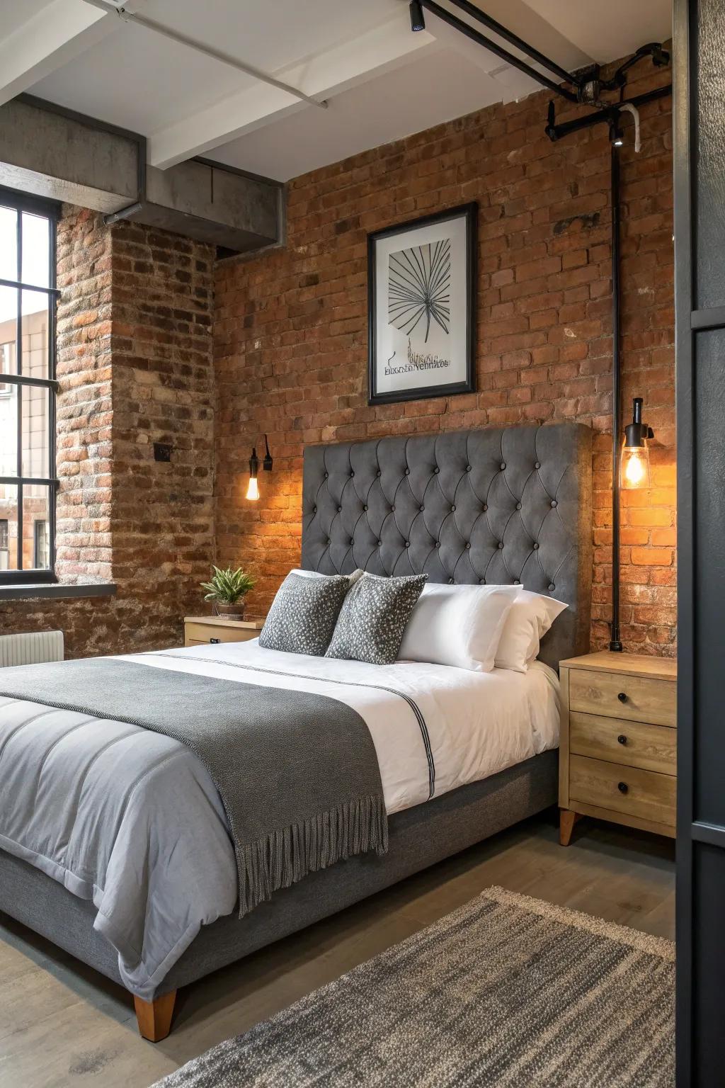 Industrial components complement the edgy aesthetic of a coal grey headboard.