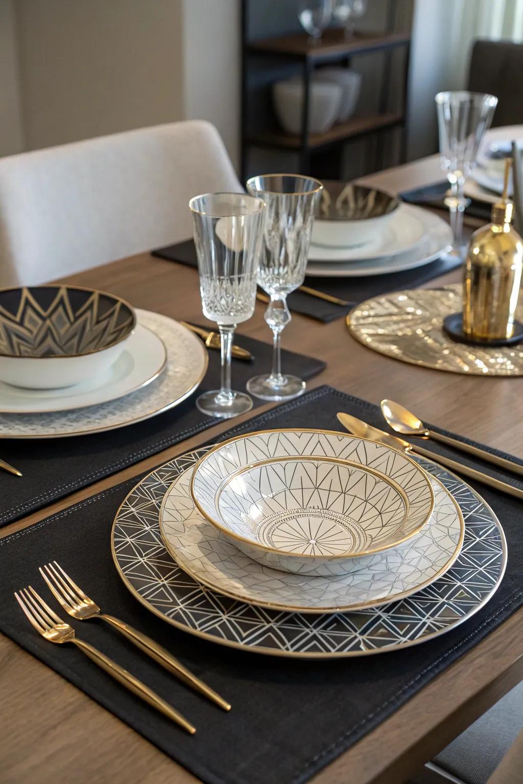 Art Deco charger plates deliver a stylish and sophisticated table display.