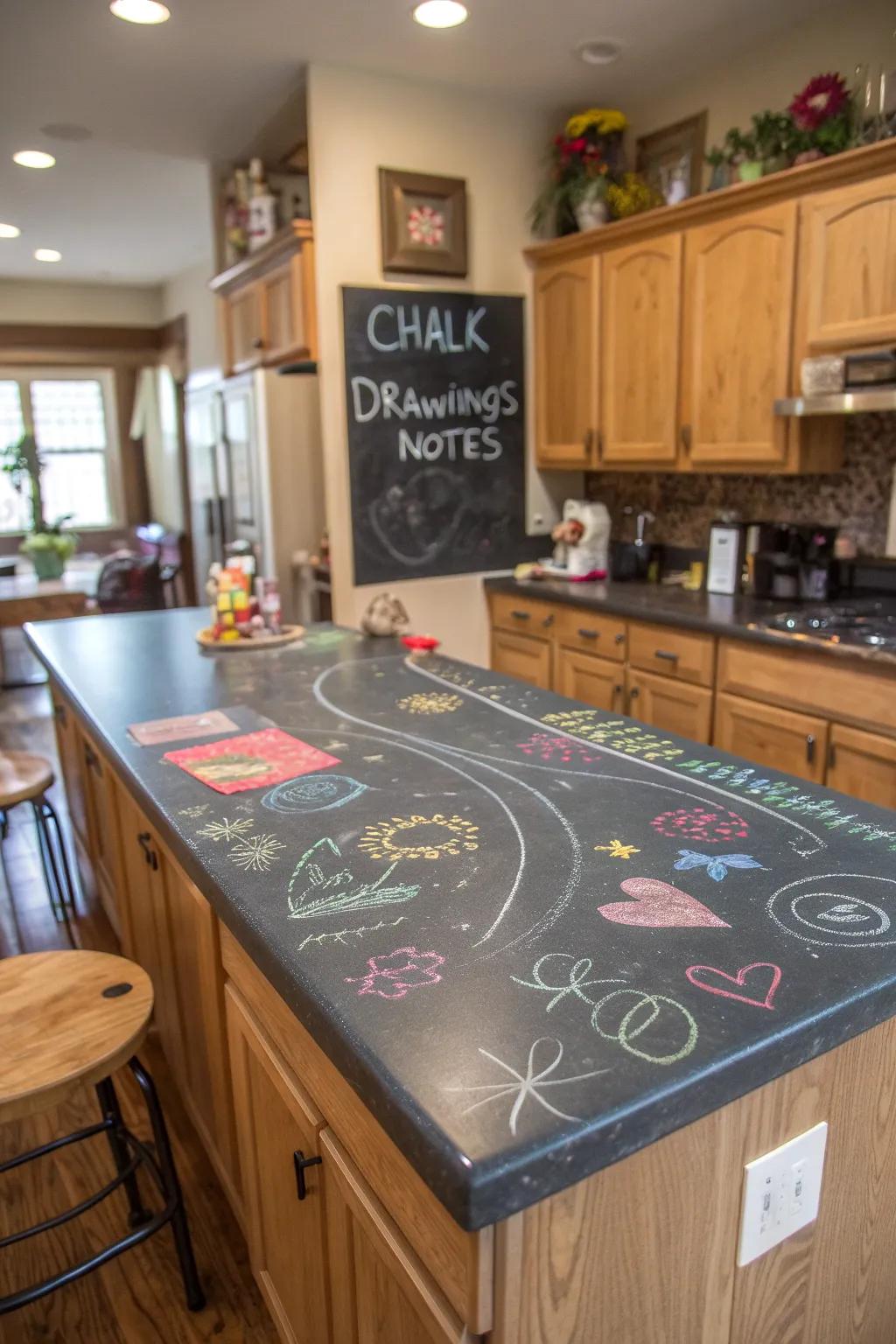 A fun kitchen features drawing board surfaces.