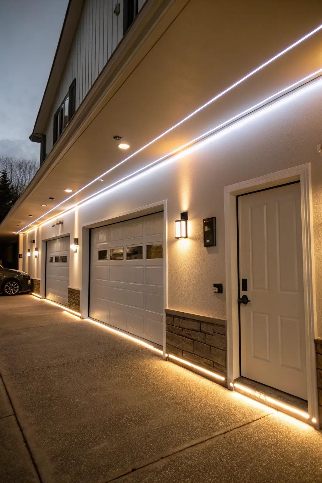 LED illumination elevates the style and function of garage walls.