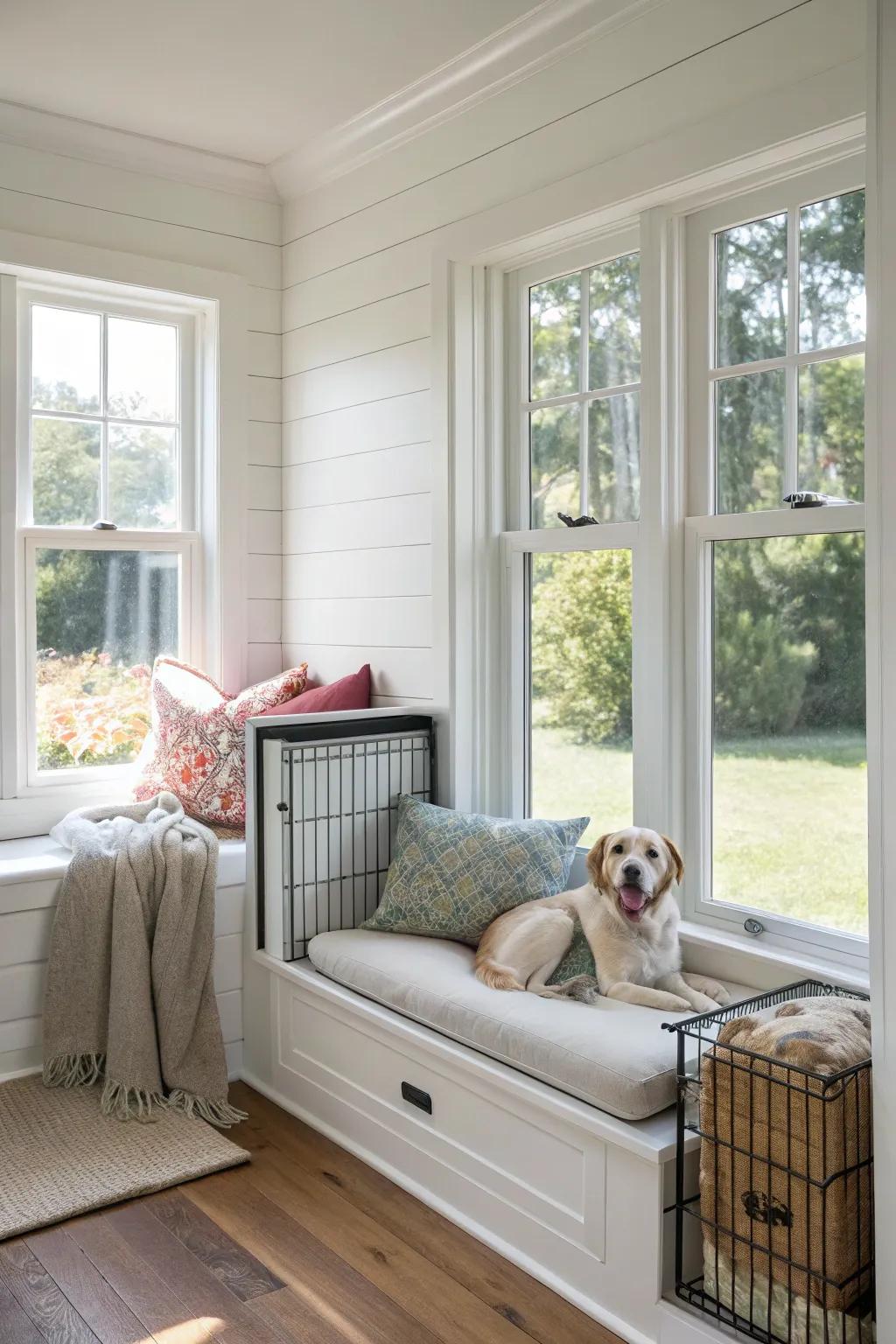 A window seat that serves as a cozy kennel spot.