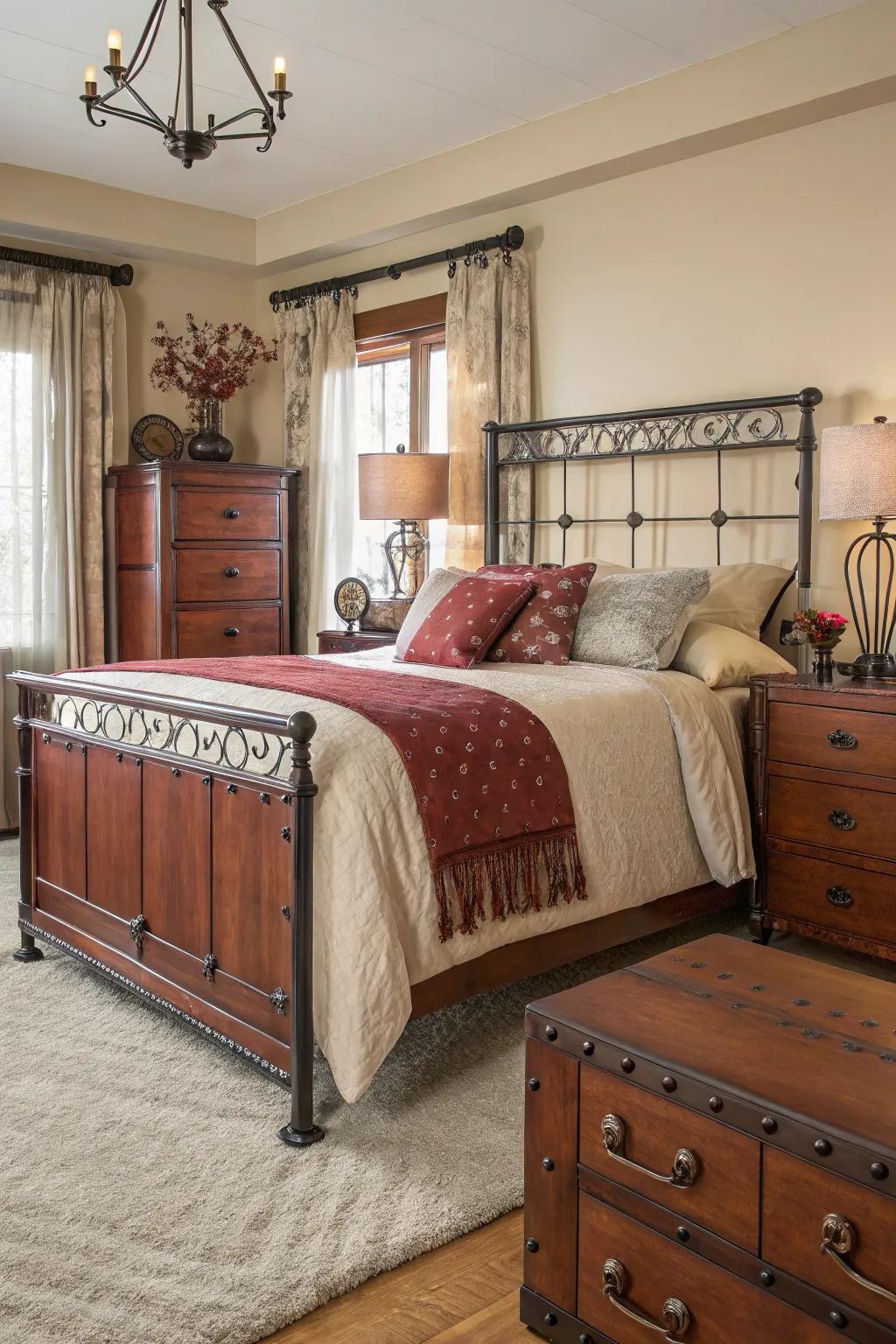 Metallic accents imparting a modern twist to walnut wood furniture.