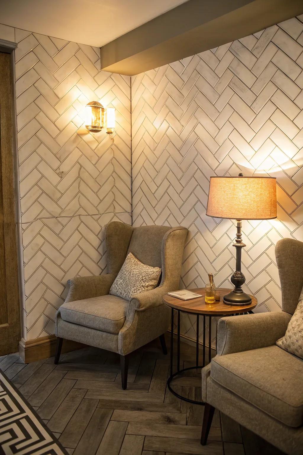 Herringbone tiles bring warmth and character to this cozy reading nook, making it a delightful retreat.