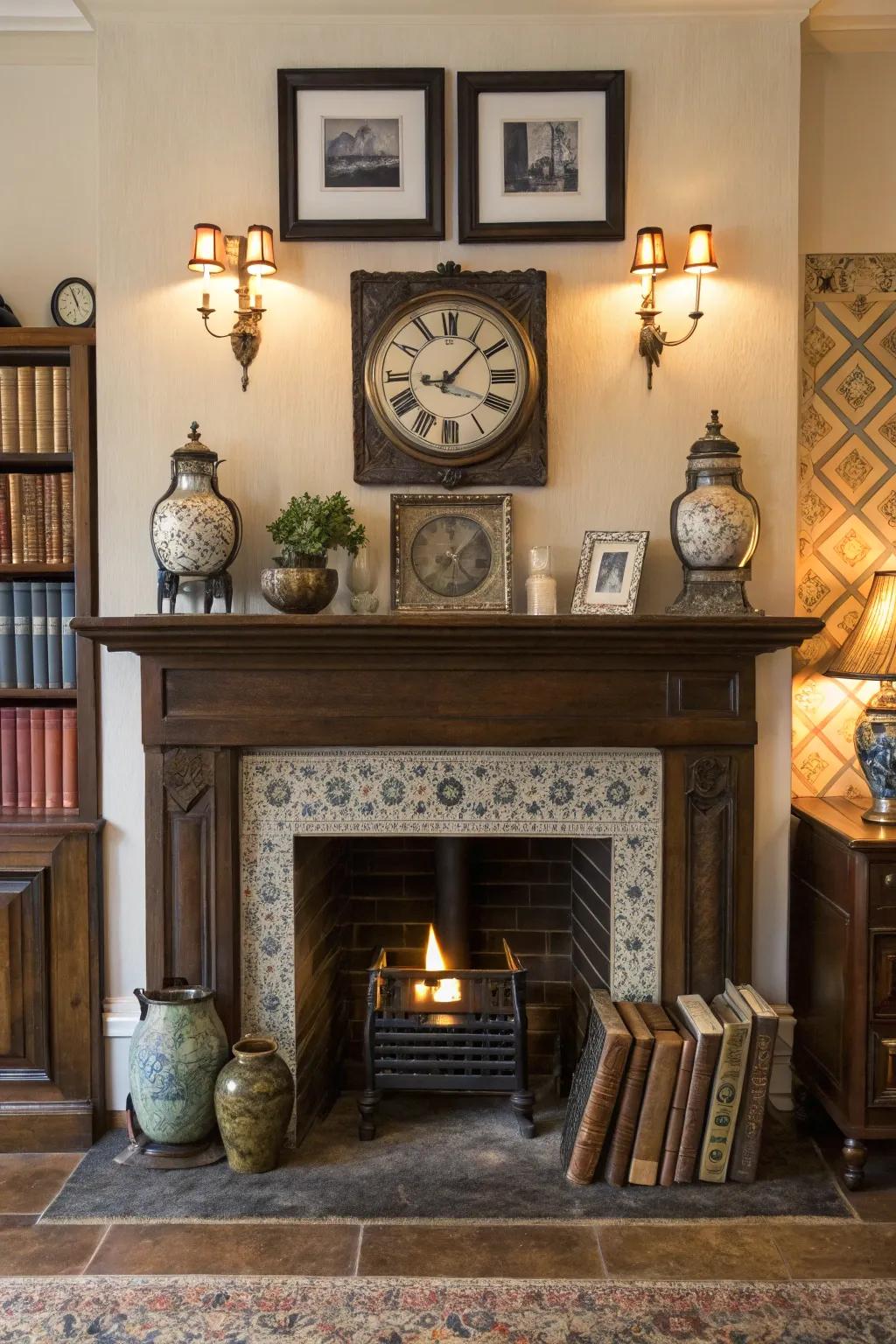 Blending vintage and modern aspects adds eclectic charm to the fireplace.