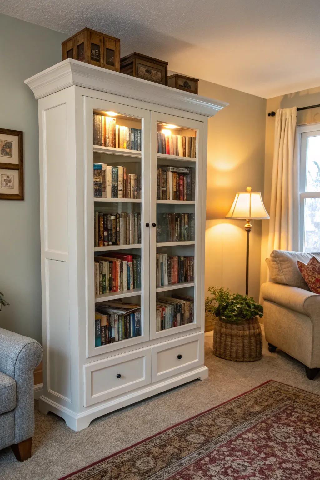 China cabinet repurposed as a unique bookshelf.