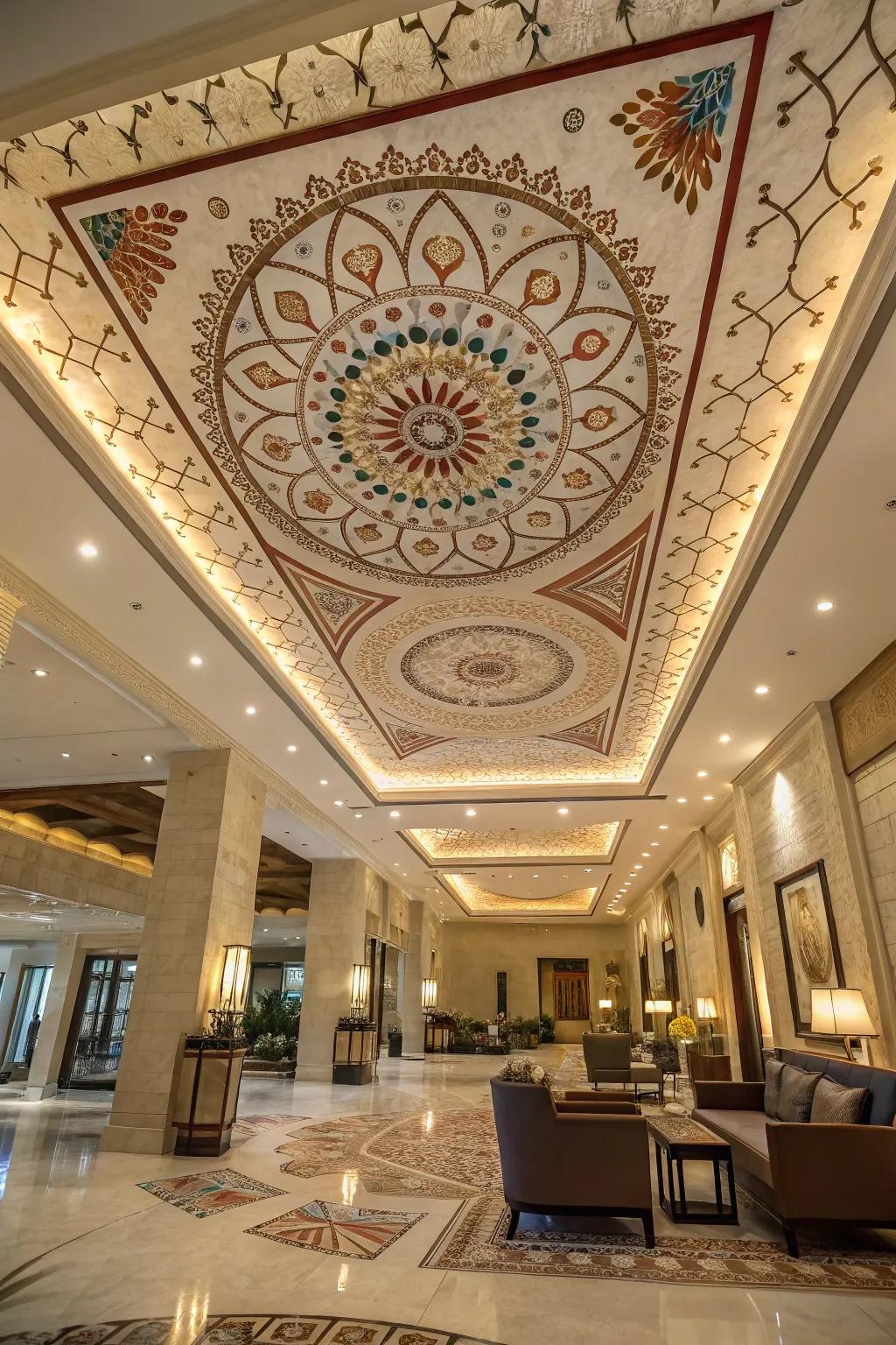 An artistic ceiling design drawing attention in the lobby.