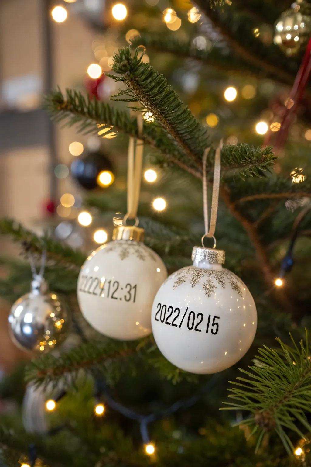 Inscribed ornaments with significant dates commemorate special memories.