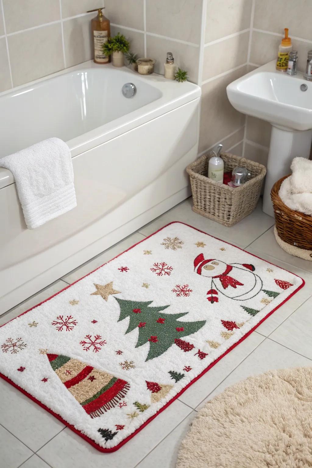 A ornamental bath mat introduces warmth and cheer to your bathroom.