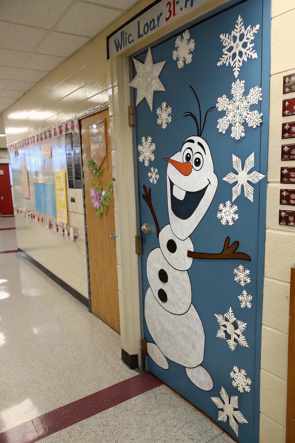 Olaf from Frozen shares warm hugs on this door.