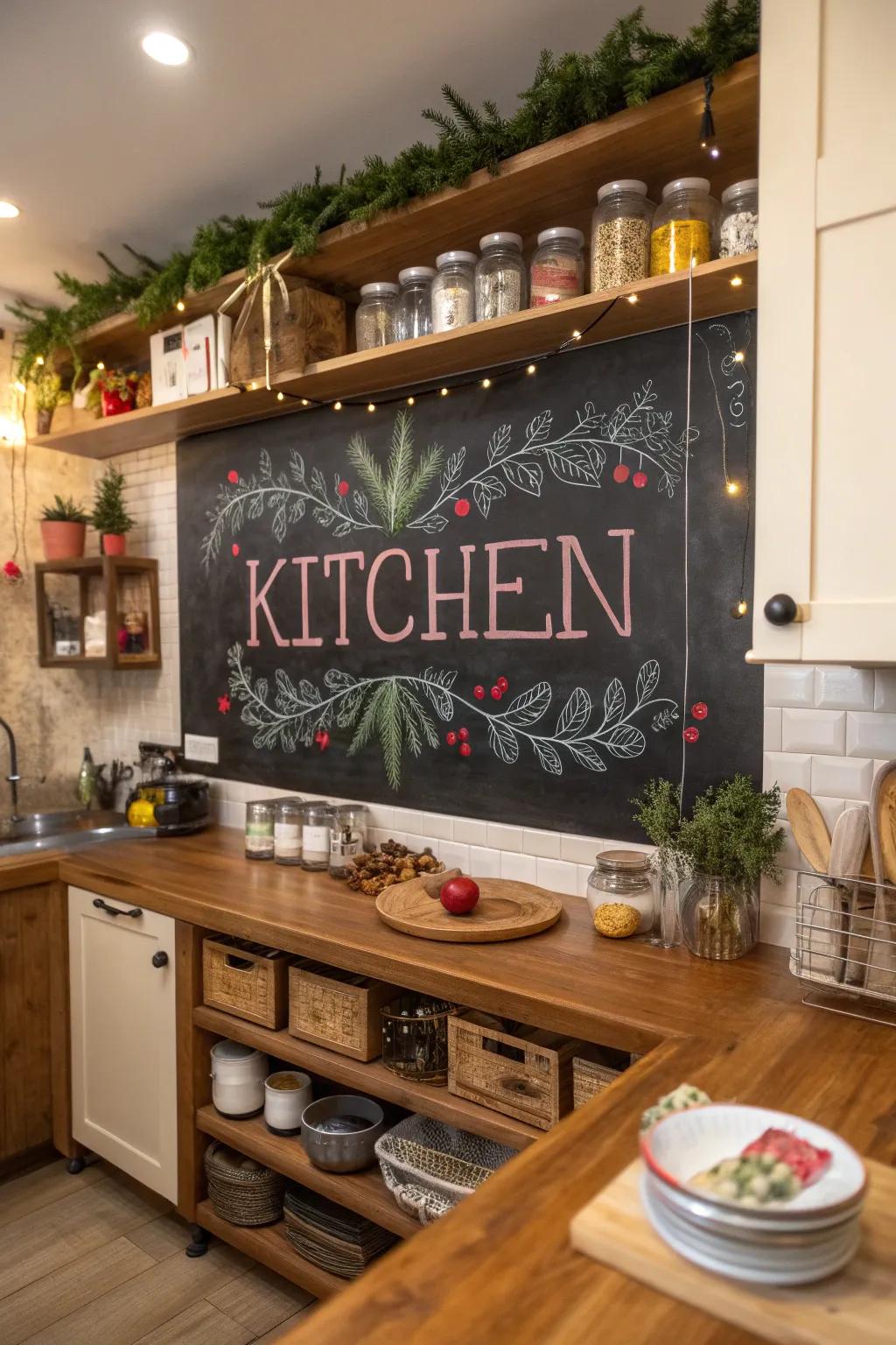 A festive chalkboard message brings interactive cheer to the kitchen.