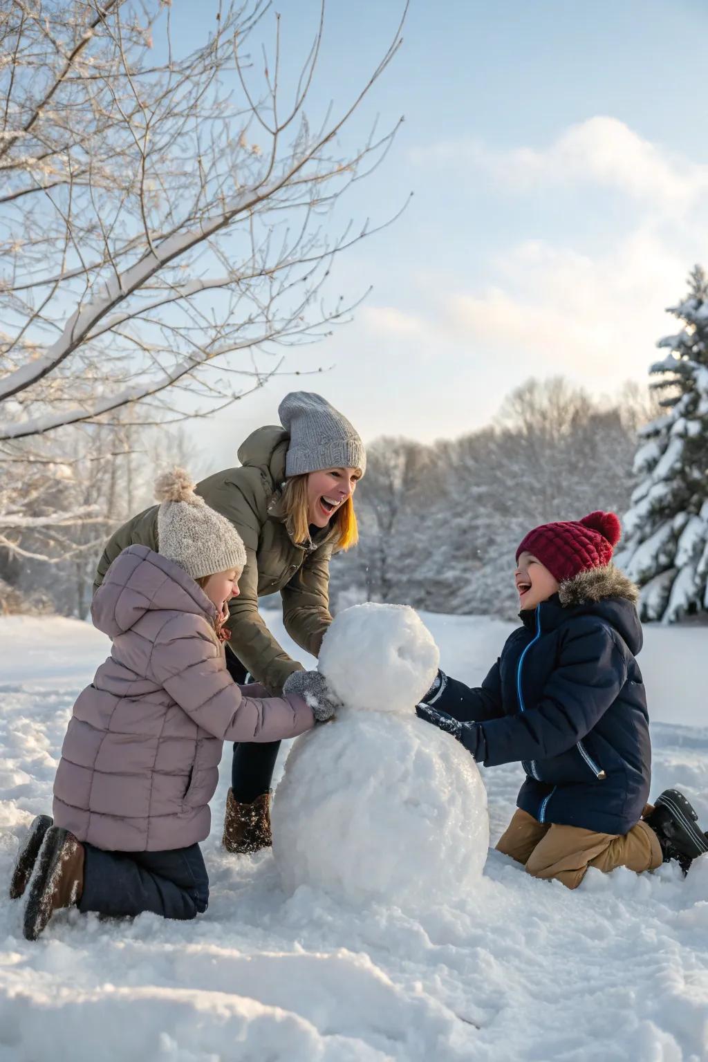 A family enjoying winter fun, building a snowman in a picturesque snowy landscape.