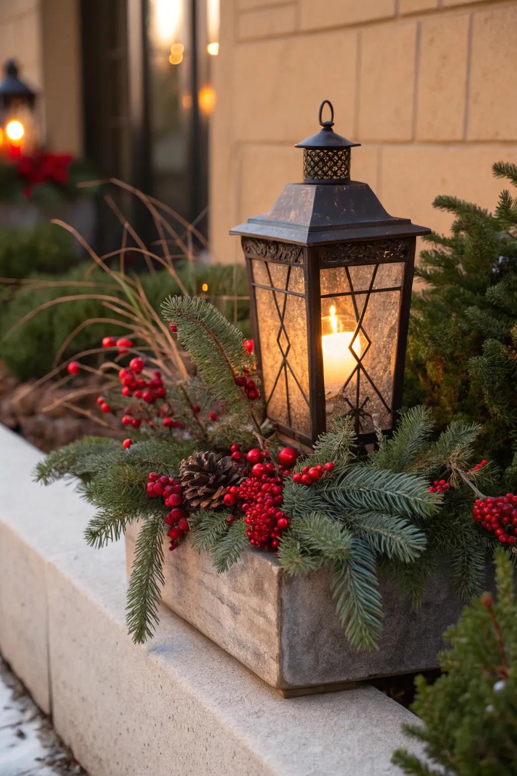 Lanterns bring light and charm to festive arrangements.