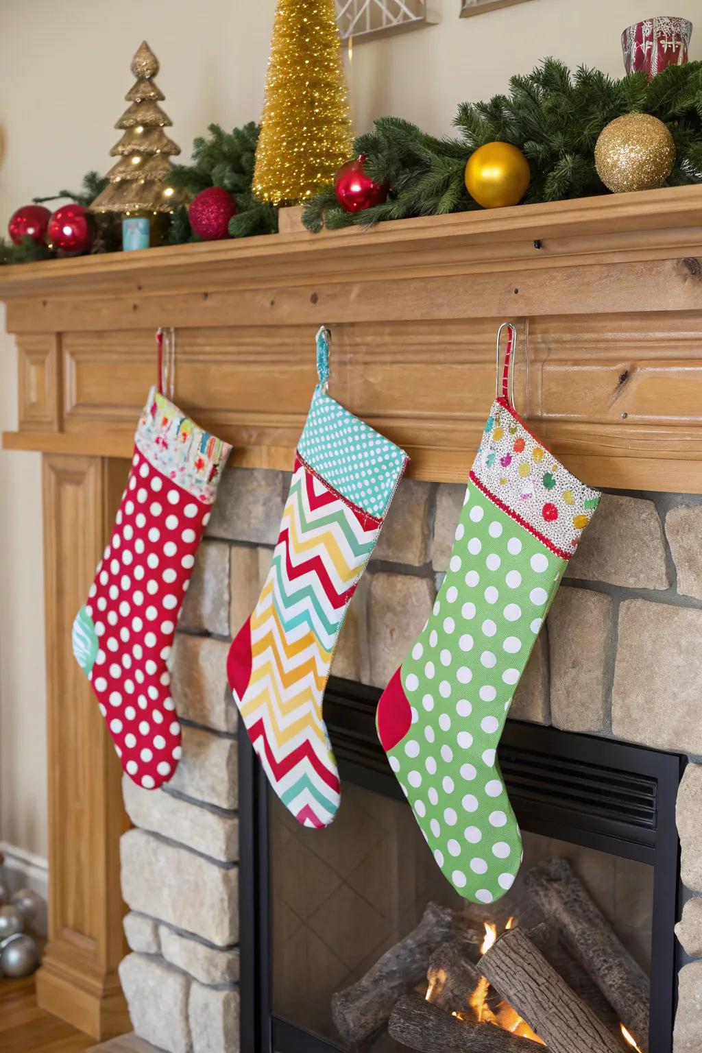 Playful patterns such as polka specks append whimsicality to holiday stockings.