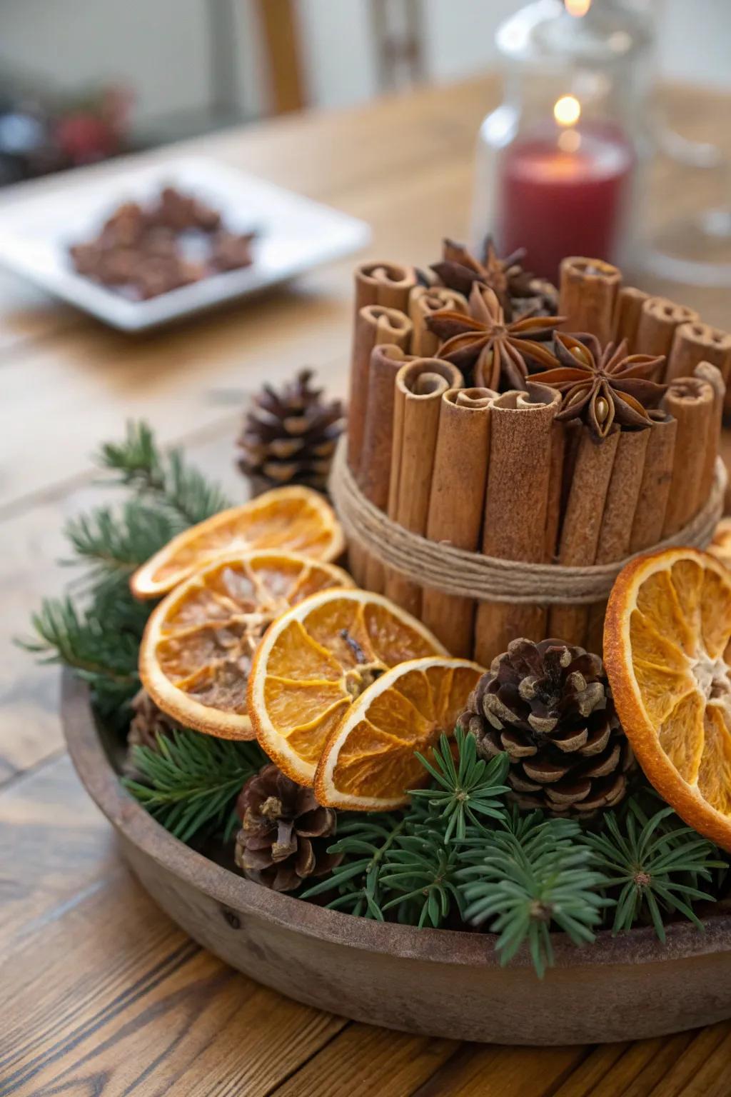 Scented elements contribute a delightful aroma to the decor.