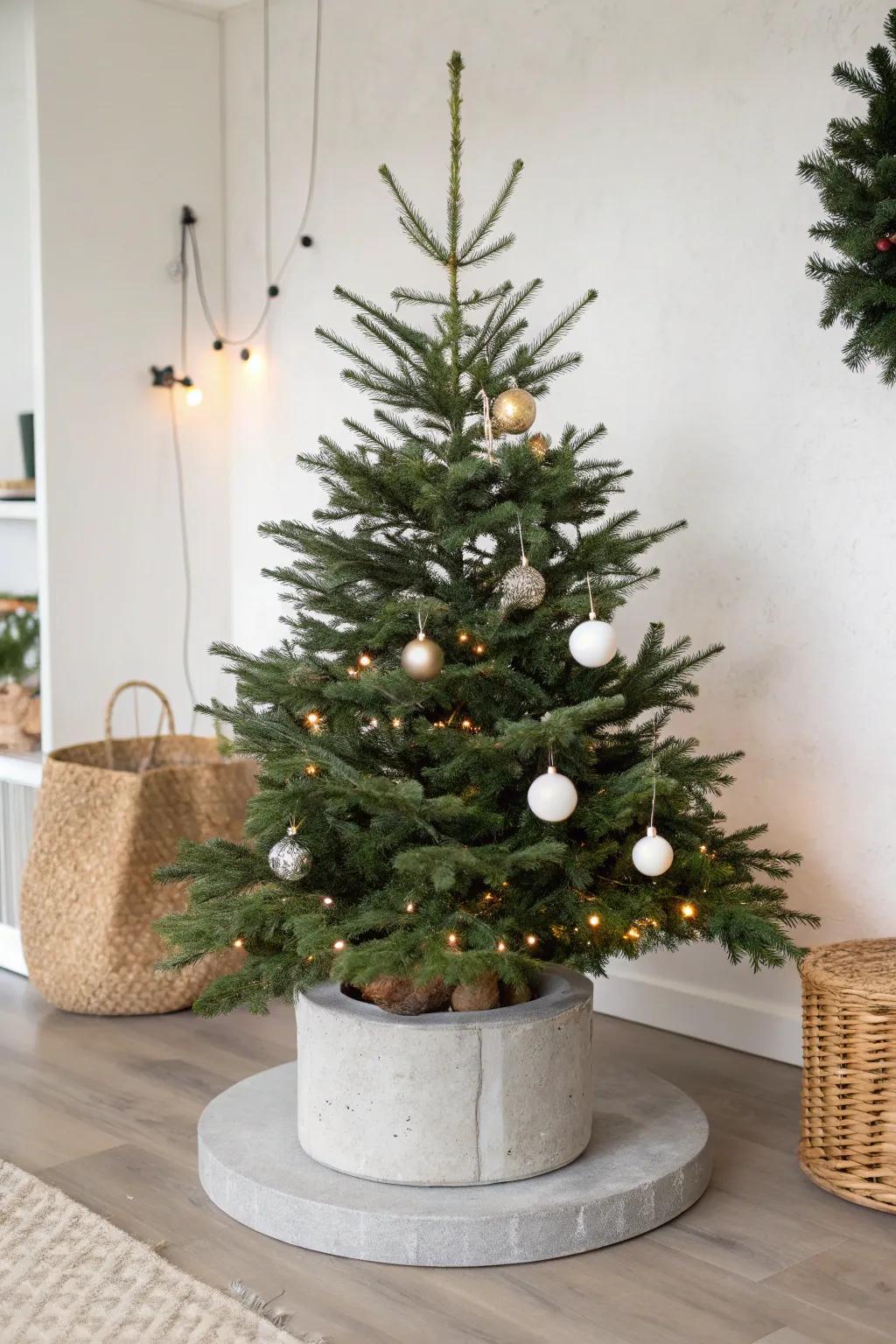 A hardened clay pedestal provides a sleek, modern base for your tree.