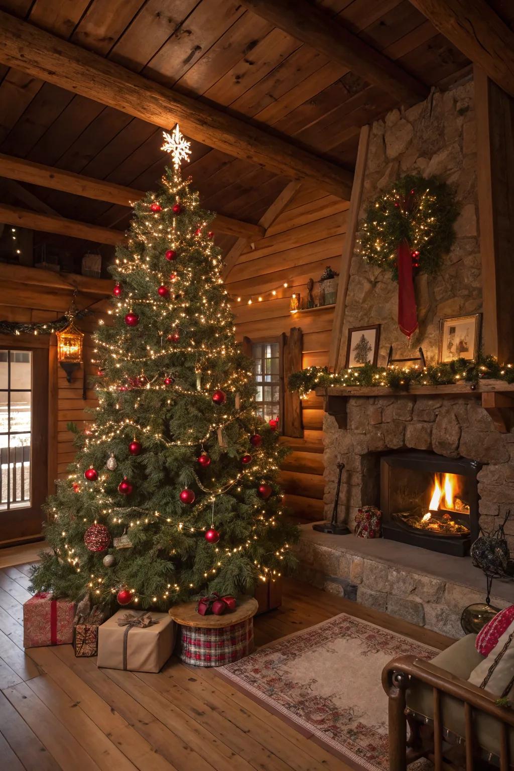 A cozy Christmas tree featuring rustic elements and colorful lights, creating a warm and inviting holiday atmosphere.