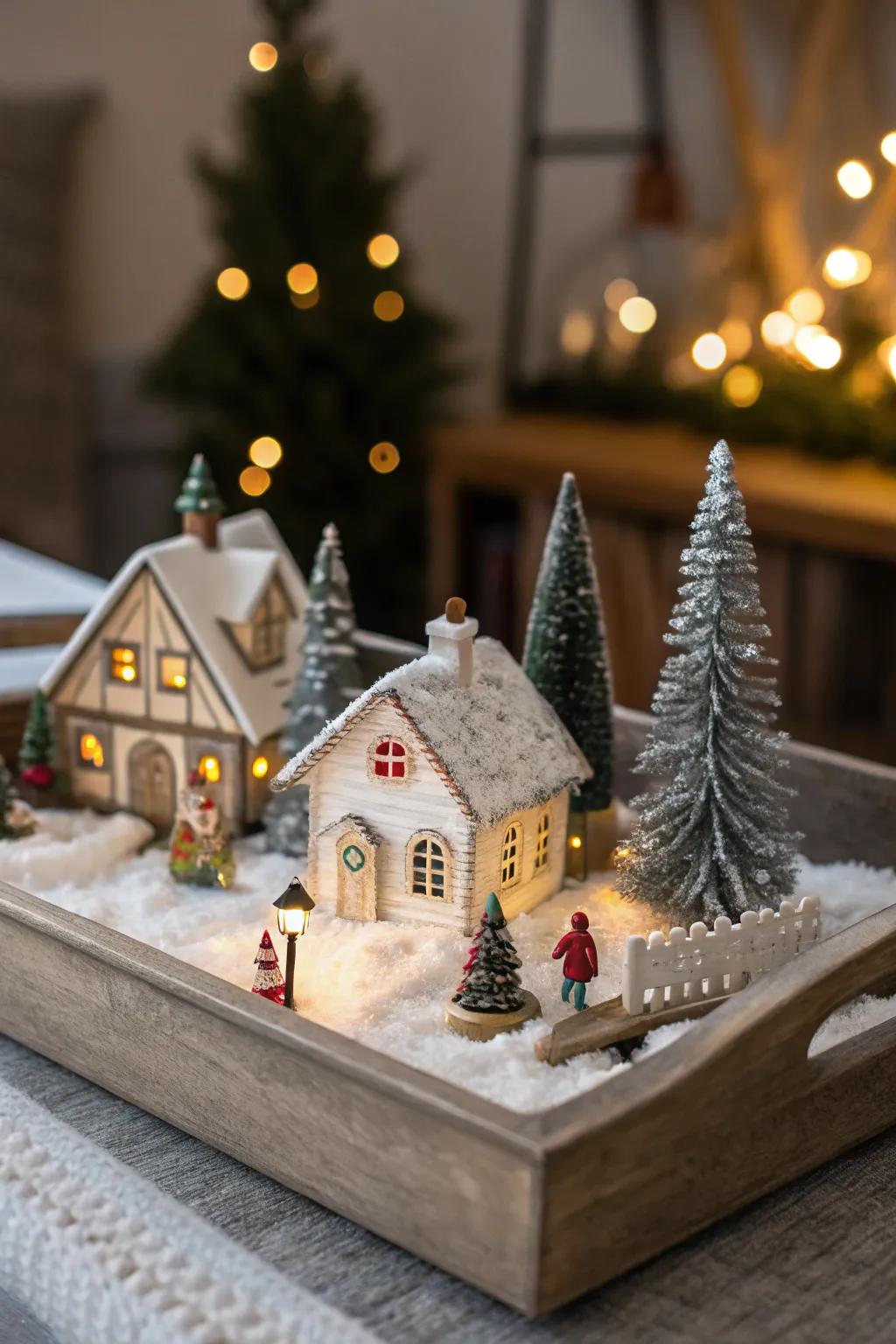 A tray landscape allows for quick and easy relocation of your Christmas village.