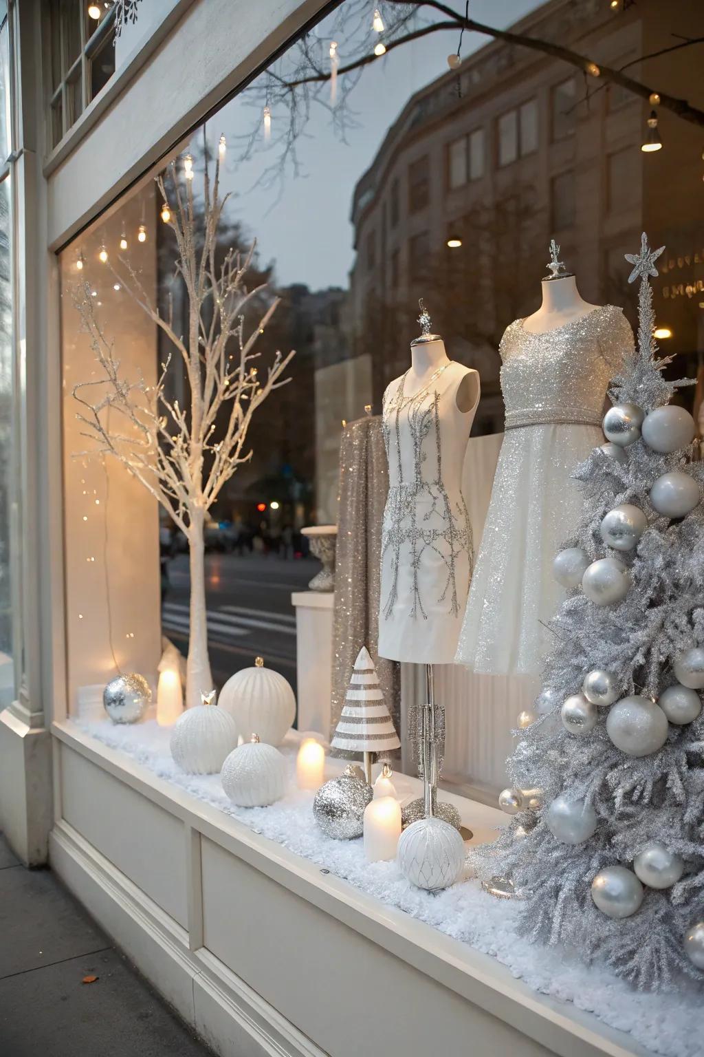 A monochrome mix of silver and white crafts a chic pane display.