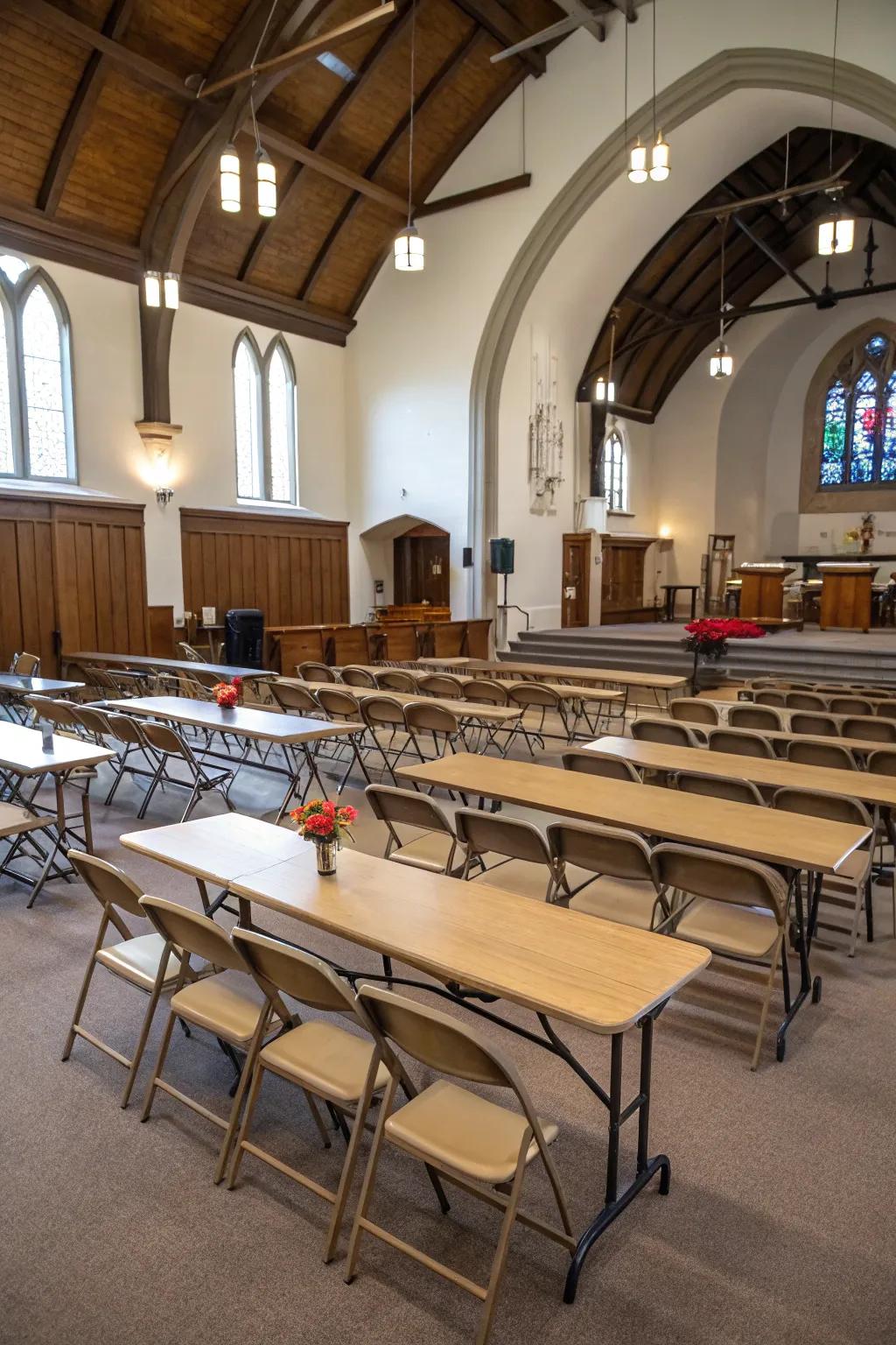 Church interior with versatile seating arrangements.