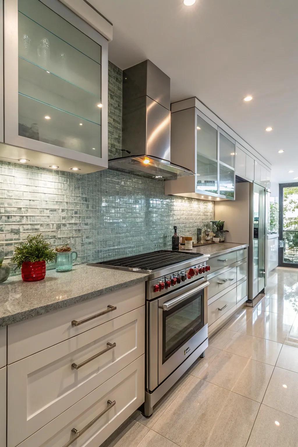 Glass tiles fashion a sleek and bright kitchen atmosphere.