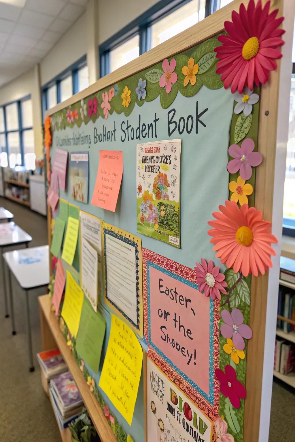 A literary-themed bulletin board showcasing Easter and spring book covers.