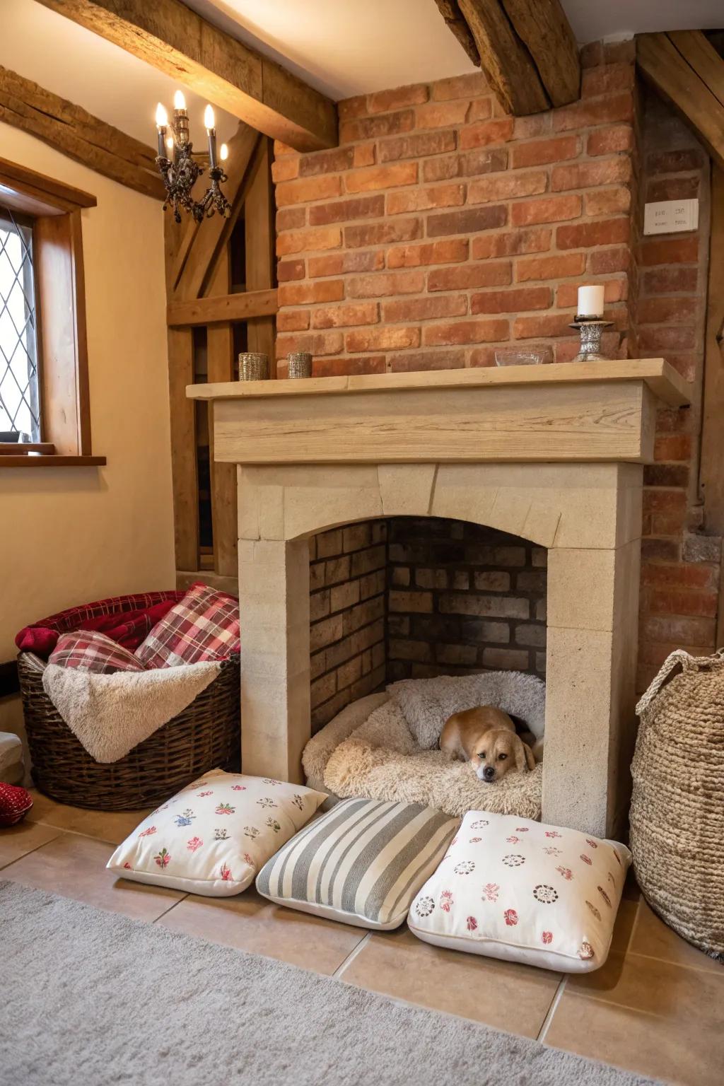 A pet nook in the fireplace provides a snug retreat for your furry companion.