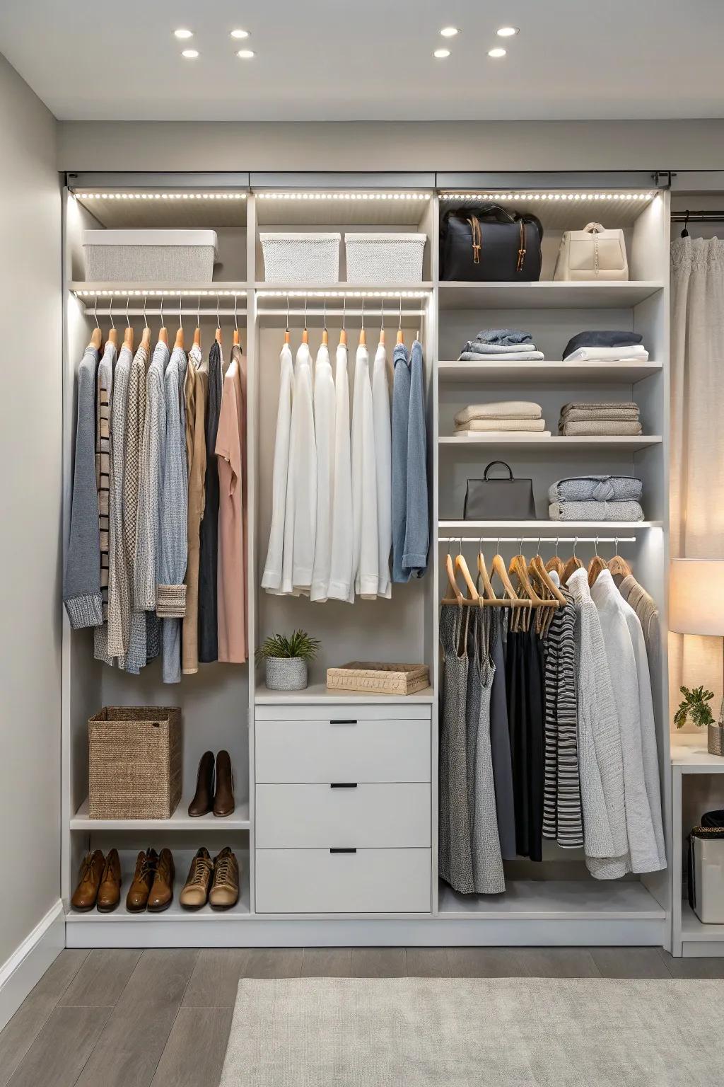 Slide-in rails provide flexibility for dynamic closet organization.