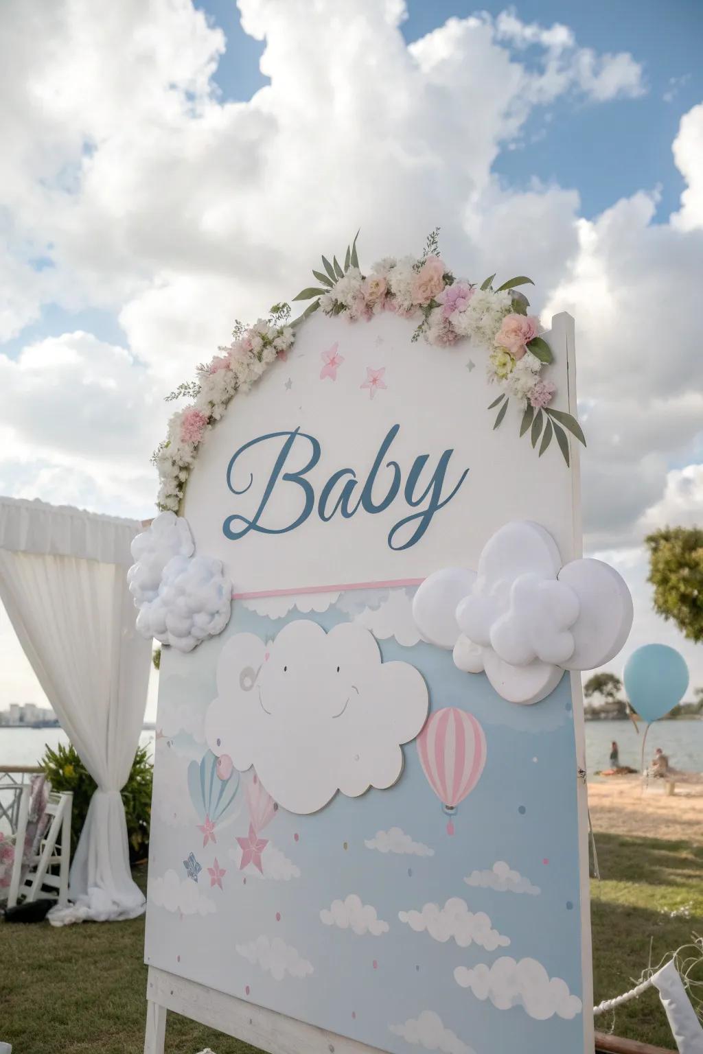 Customized cumulus signage imparts a meaningful accent to the baby shower décor.