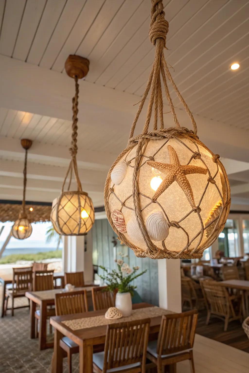 Seaside-themed lights enhancing the room's beachy ambiance.