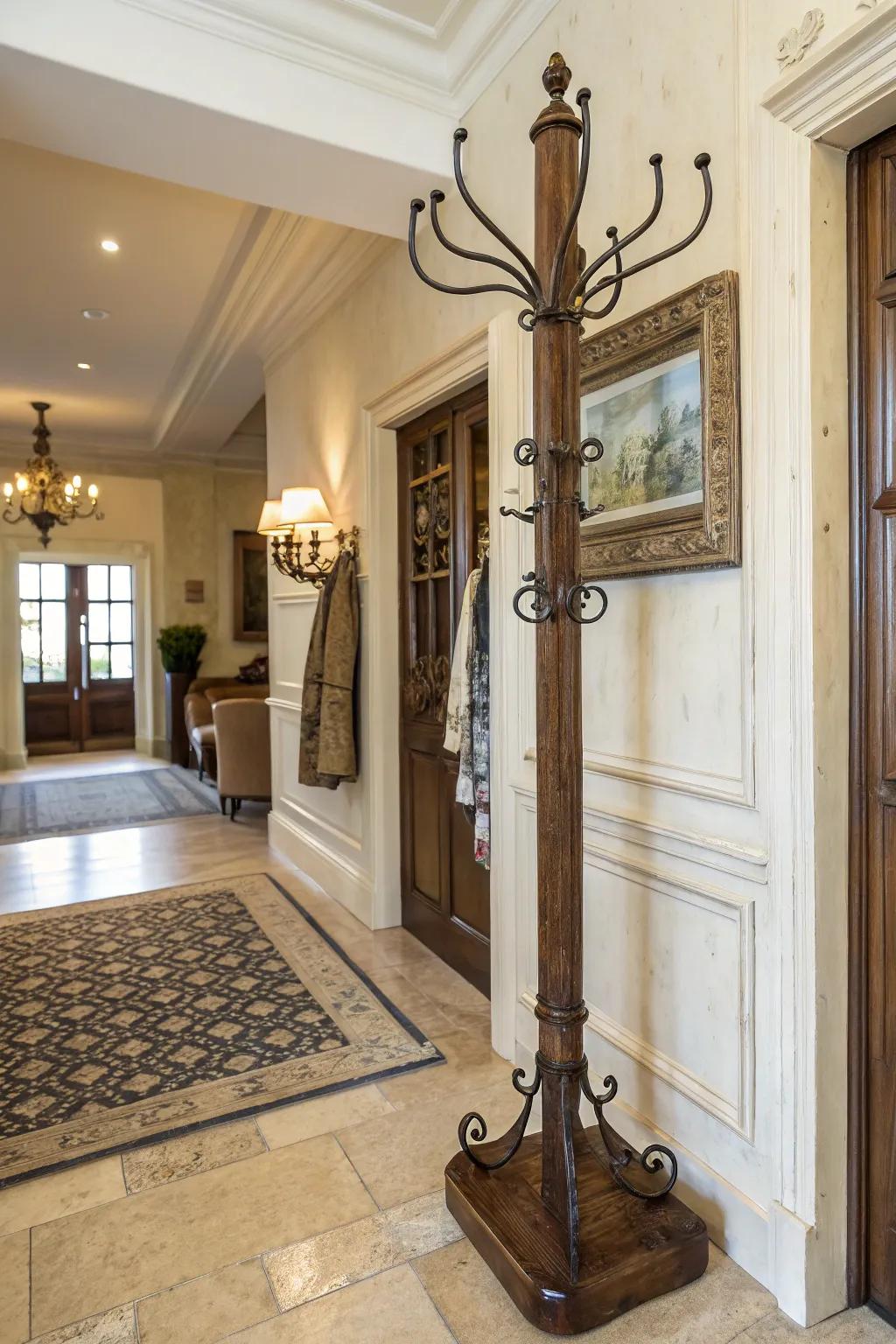 A vintage coat rack featuring classic fixtures for an elegant and timeless visage.