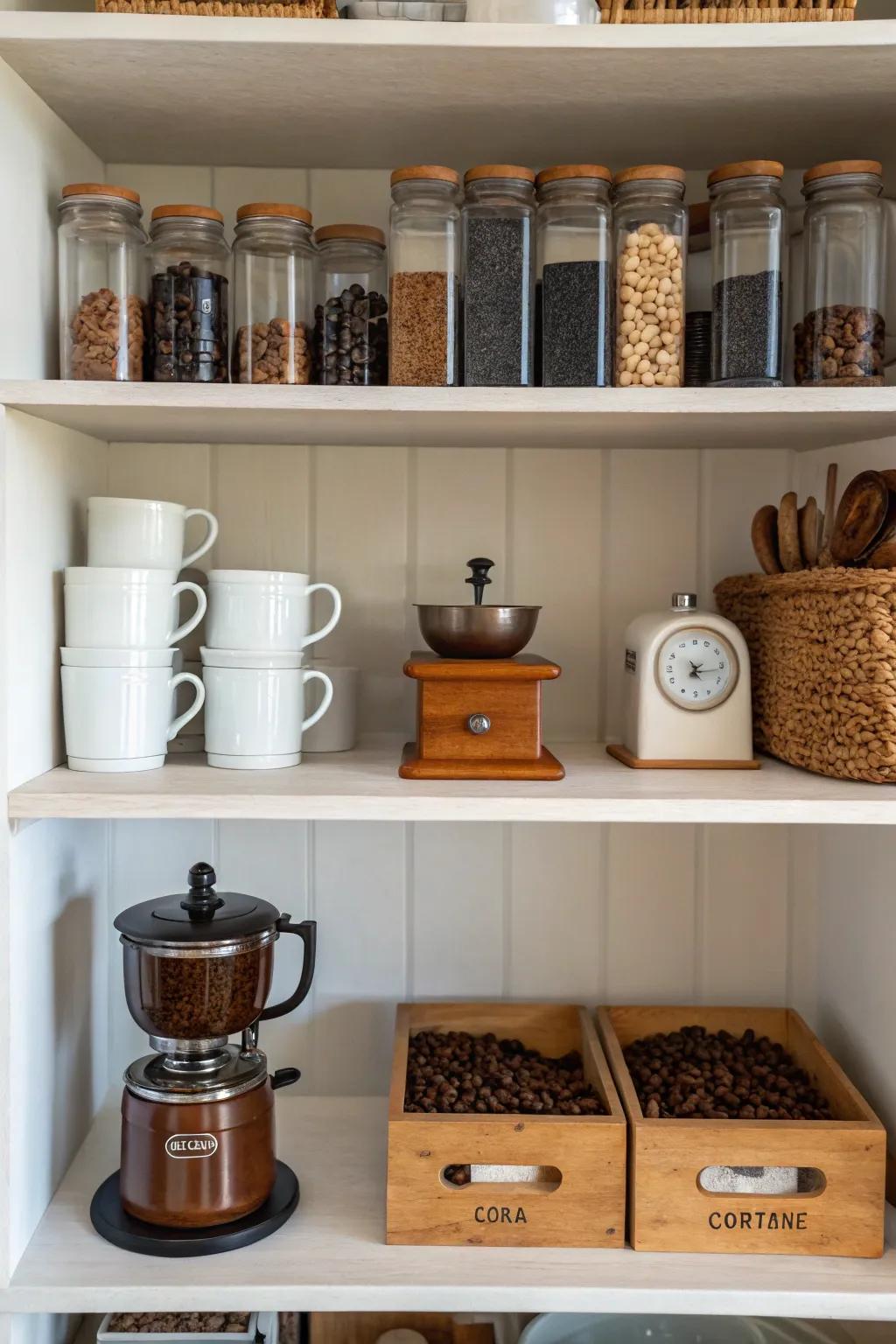 Exposed shelving shows your coffee essentials stylishly.