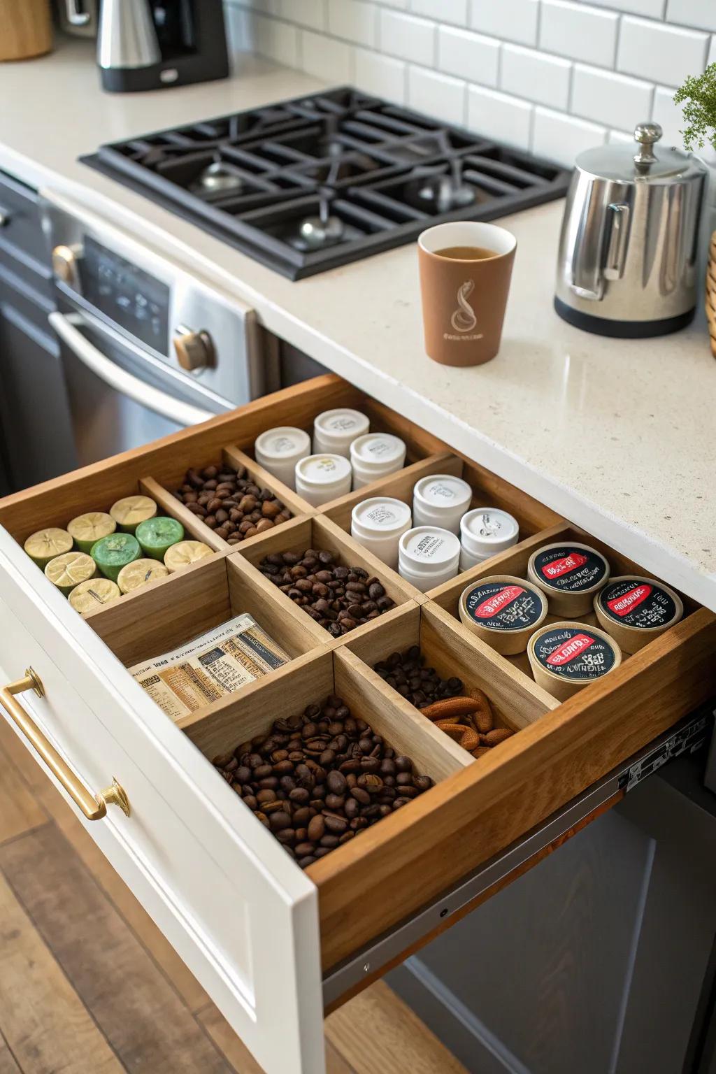 You can set up a coffee drawer any way you like with DIY sections.