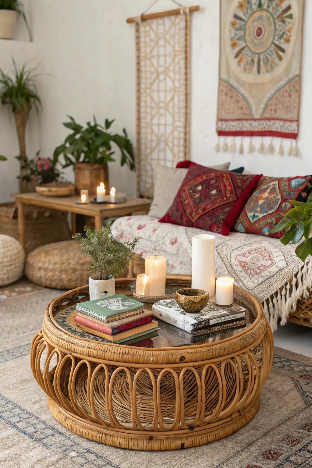 Cane and wicker add warmth and texture for a cozy, inviting feel.