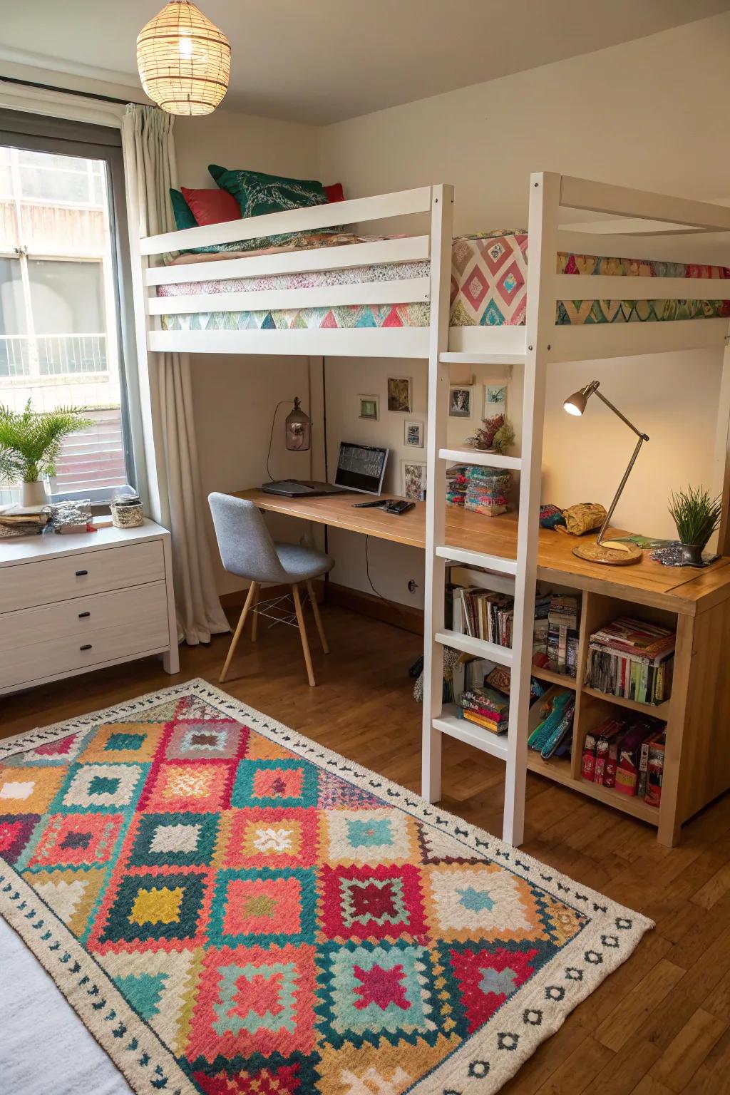 A colorful rug adds warmth and character to your dorm room.