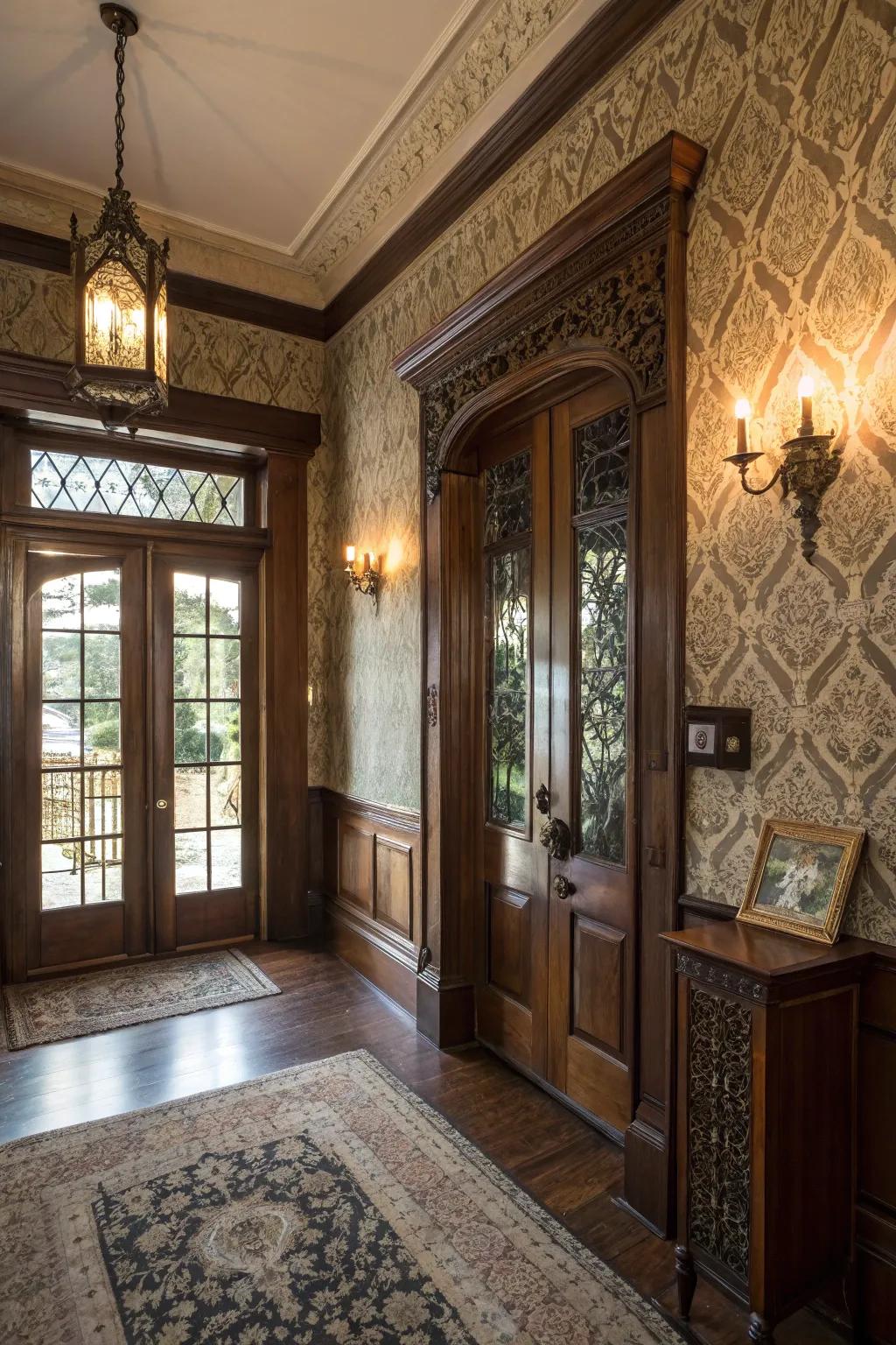 Textured wall finishes add depth to this colonial entryway.